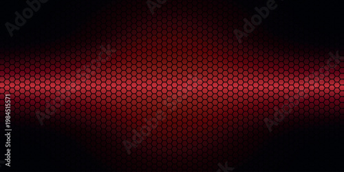 Abstract background with modern and futuristic red hexagonal pattern. Future technology design with glowing hexagonal mesh pattern. Black steel metal mesh background.
