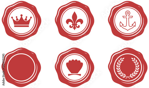 A collection of six classic red wax seals featuring different vintage heraldic and historical symbols perfect for design