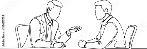 Continuous one line of a business consultant giving advice to clients across desks, representing consulting, mentorship, and expertise, style hand drawing vector illustration.