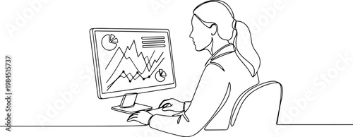 Continuous one line of a businesswoman analyzing market trends on desktop monitor, representing research, strategy, and market intelligence, style hand drawing vector illustration.
