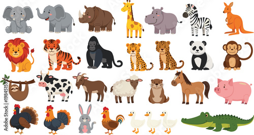 Cartoon farm and wild animals set including lion tiger elephant giraffe zebra cow horse pig chicken crocodile vector illustration collection