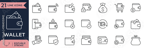 Wallet Line Icons Set, Finance, Money, Payment, and Digital Transaction Concepts Editable Stroke