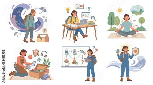 Fotografie Illustrations of people coping with stress and anxiety through therapy and welln