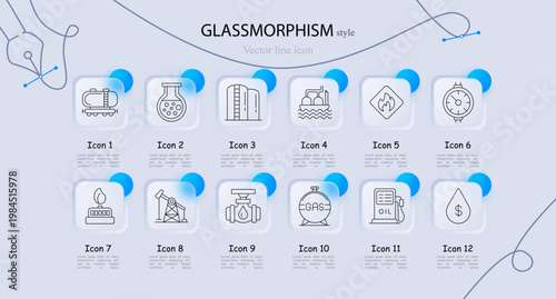 Oil gas industry infrastructure set icon. Line symbols with tanker wagon, chemical flask, storage tank silo, offshore platform, flammable warning sign, pressure gauge meter, gas burner flame