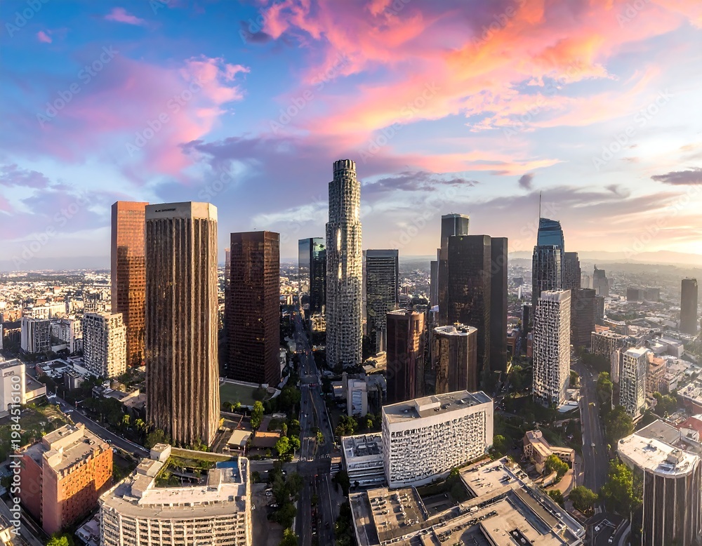 Fototapeta premium Cityscape view with skyscrapers under a vibrant pink and orange sunset sky