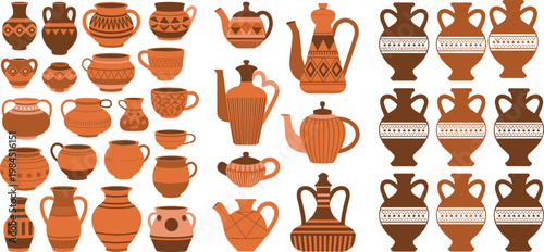 Ancient Clay Pottery Vector Collection Featuring Terracotta Amphora Greek Vases And Decorative Ceramic Jars For History And Museum Art Designs