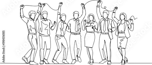 Continuous one line of a business team celebrating successful target achievement, representing motivation, victory, and shared success, style hand drawing vector illustration.