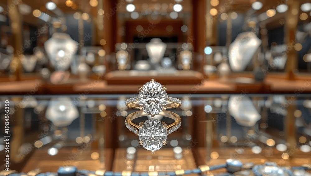 Fototapeta premium high-end jewelry showcase featuring a central diamond engagement ring and a gold band adorned with tiny diamonds