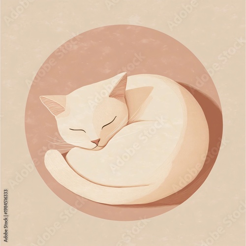 Minimalist illustration of a sleeping white cat curled into a circle, soft pastel tones, modern flat design feline artwork with cozy peaceful mood on warm neutral background