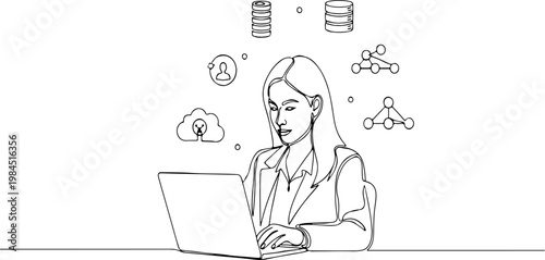 Continuous one line of a businesswoman working on laptop with floating data icons, representing digital business, productivity, and remote work, style hand drawing vector illustration.