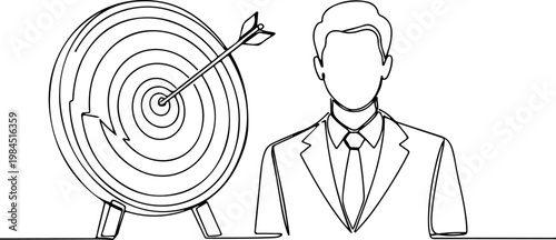 Continuous one line of a businessperson standing beside target board with arrow hit center, representing goals, focus, and strategic achievement, style hand drawn vector illustration.