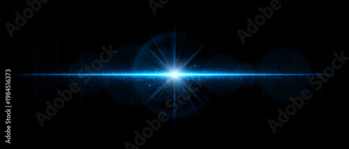 Abstract glowing energy burst with radiant light waves and horizontal beam, dynamic lens flare effect with sparkling particles and subtle motion on dark background