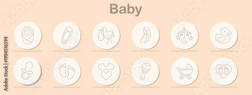 Baby set icon. Line symbols depict swaddled infant, safety pin, stork bird, pregnant woman, hanging mobile, rubber duck, pacifier, baby feet, bodysuit, rattle toy, stroller, tiny footprints
