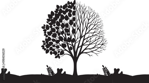 Minimalist tree silhouette showing life and death cycle with leafy and bare branches on white background
