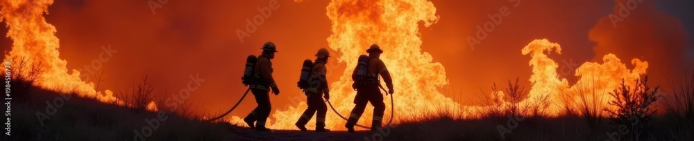 Fototapeta premium Firefighters practicing rescue techniques in a controlled burn environment, extinguisher, escape