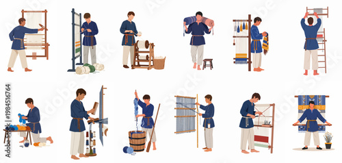 Vector illustrations of various stages of the traditional carpet weaving process featuring a male artisan at work with yarn, looms, and finished rugs.