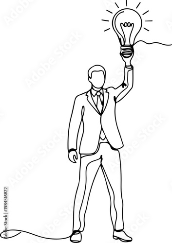 фотографія Continuous one line of a startup entrepreneur holding light bulb idea symbol, representing innovation, creativity, and entrepreneurship, style hand drawing vector illustration