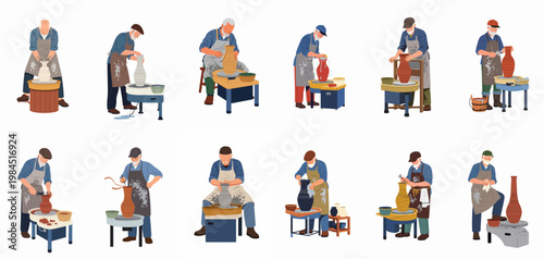 Collection of senior male potters working on pottery wheels, creating various ceramic vases and pots in a flat vector illustration style.