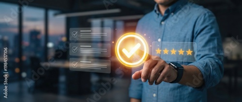 Engaging business review process enhancing client satisfaction through digital checkmarks and five-star ratings in a modern office environment