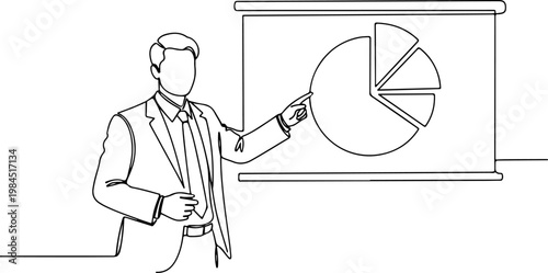 Continuous one line of a business executive pointing at pie chart presentation, representing reporting, analysis, and decision making, style hand drawing vector illustration.