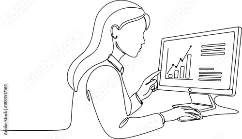 Continuous one line of a businesswoman analyzing market trends on desktop monitor, representing research, strategy, and market intelligence, style hand drawing vector illustration.