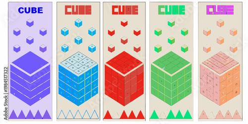 Isometric cube arrangements in varying colors and perspectives shown sequentially