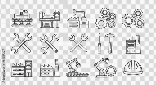 Industrial equipment and tools line art icons set.