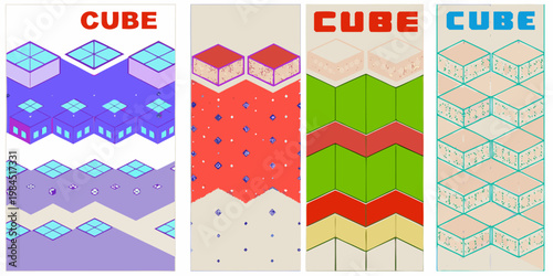 Four vertically oriented images displaying colorful isometric cube patterns