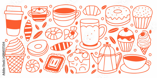 An assortment of illustrated coffee desserts and sweet treats