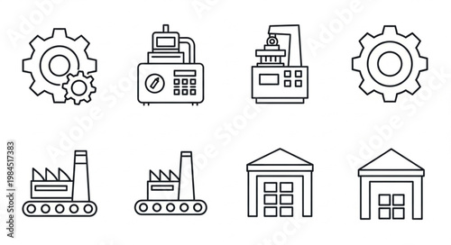 Industrial Icons Set Factory Machine Gear Warehouse Buildings.