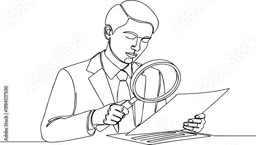 Continuous one line of a businessperson holding magnifying glass over document, representing auditing, inspection, and attention to detail, style hand drawn vector illustration.