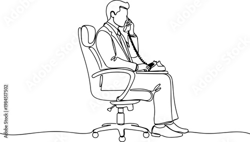 Continuous one line of a CEO sitting in office chair making telephone call, made with elegant continuous curves, representing executive communication and management, style hand drawing vector illustra