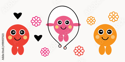 Three cute cartoon creatures with a jumping rope and floral accents