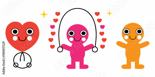Playful cartoon characters with hearts enjoy jumping rope and friendship