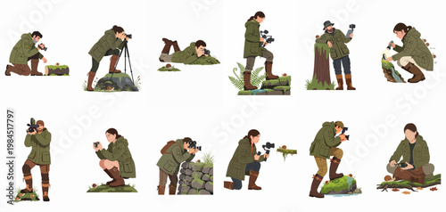 Set of illustrations featuring nature photographers and videographers capturing wildlife, such as snails, in various outdoor settings using professional equipment.