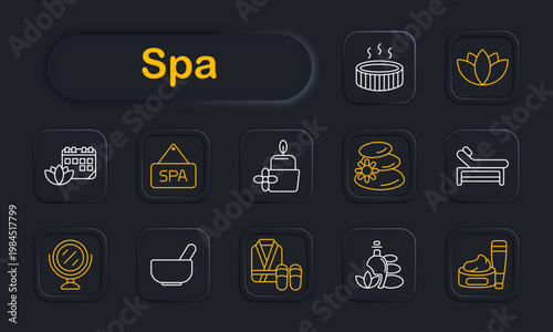 Spa set icon. Sauna, lotus, calendar, sign, candle, stones, bed, mirror, bowl, robe, oil, cream, wellness, relaxation, treatment, beauty, care, salon, harmony, luxury