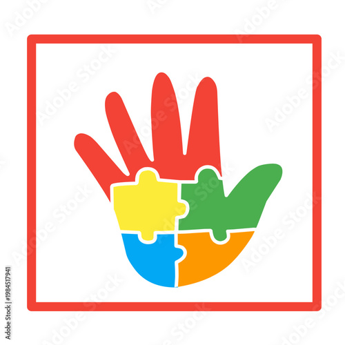 colorful autistic puzzle hand with red square frame