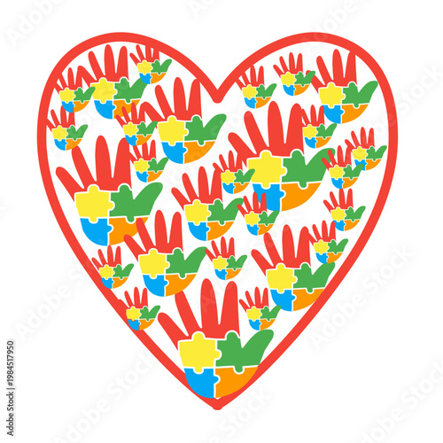 colorful autistic puzzle hand pattern in the shape of a heart