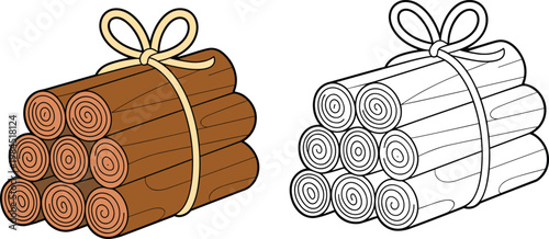 Cartoon vector illustration of cinnamon spice sticks showing colored and outline versions for cooking and design