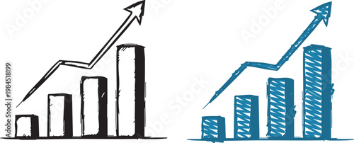 Foto Hand Drawn Financial Growth Bar Charts with Upward Arrows in Black and Blue Sket