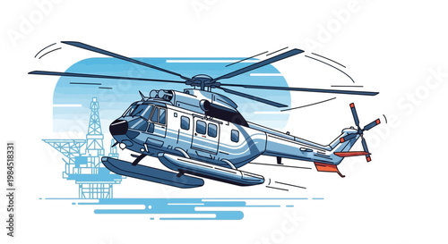 Helicopter flying over oil rig platform, industrial transportation, aerial view