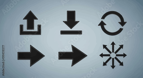 Black vector icons for UI design, featuring upload, download, refresh, and directional arrows. Perfect for modern web and app navigation, enhancing digital actions