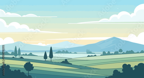 Pastoral landscape with rolling hills, cypress trees, and mountains under a soft sky.