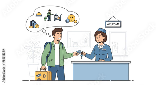 Traveler checking into hotel, receiving key and thinking about vacation amenities and services.