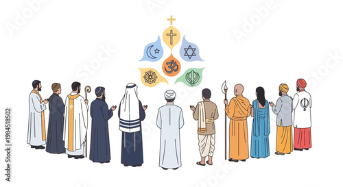Diverse Religious Figures Gather Under Symbols of Faith and Unity