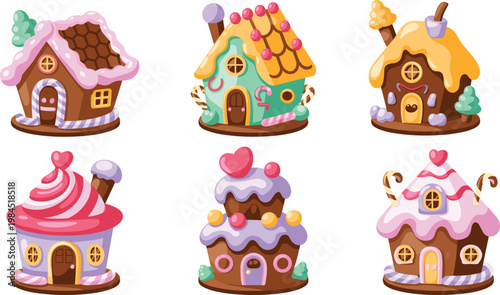 Cartoon vector illustration of gingerbread houses decorated with candy showing festive holiday fantasy sweet architecture design