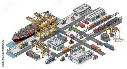 Isometric Port Logistics: Ships, Cranes, Trucks, Trains, and Warehouses - Global Shipping Hub