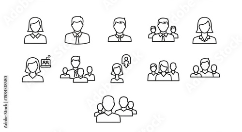 Collection of Simple Line Art Icons Representing People and Groups.