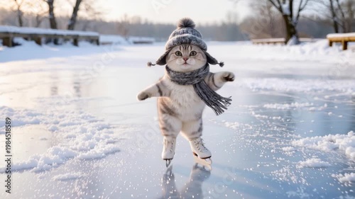 Cute cat dressed in warm hat and scarf skating on ice with small figure skates, creating a playful and humorous winter scene on frozen lake surrounded by snow and cold nature.