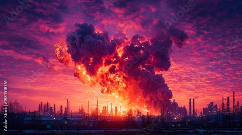 Twilight blaze: the perils of industrial accidents and environmental hazards. Vibrant expression. Refinery disaster at twilight: massive flames illuminate heavy smoke. Dreamlike imagery.